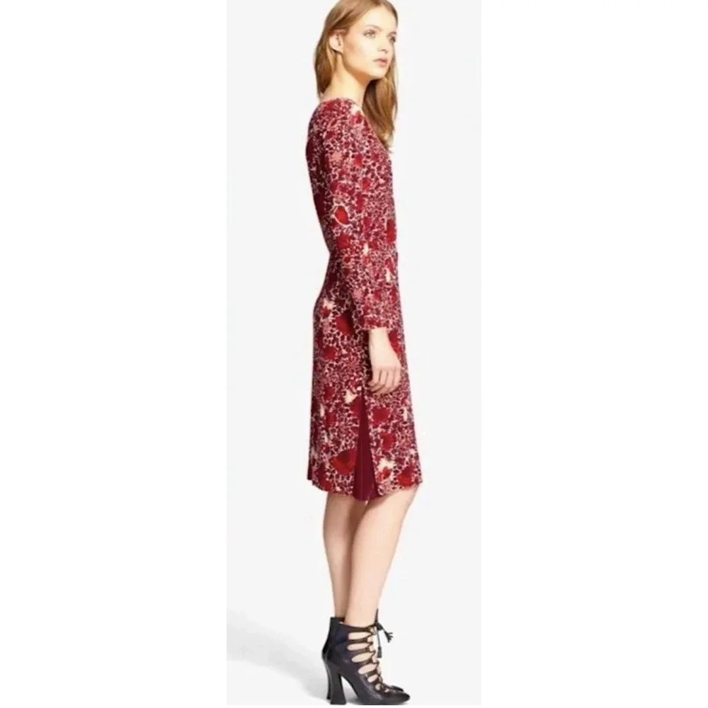 Tory Burch Ria Red Butterfly Floral Dress S Sheath Pleated Side Slit Long Sleeve